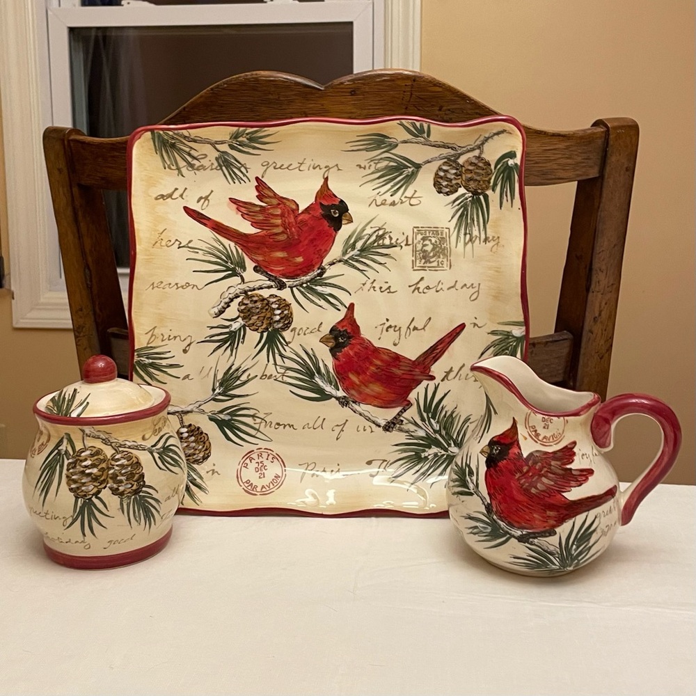 Maxcera “Warm Wishes” Plate/Creamer/Sugar Bowl Set - Seasons Greetings Cardinals
